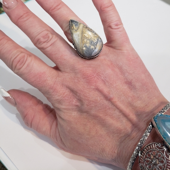 Stunning Handmade Natural Maligano Jasper Gem 925 Vintage Goth Antique Ring - Picture 4 of 14